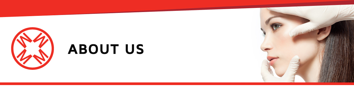 A woman having her face examined by gloved hands, with the words 